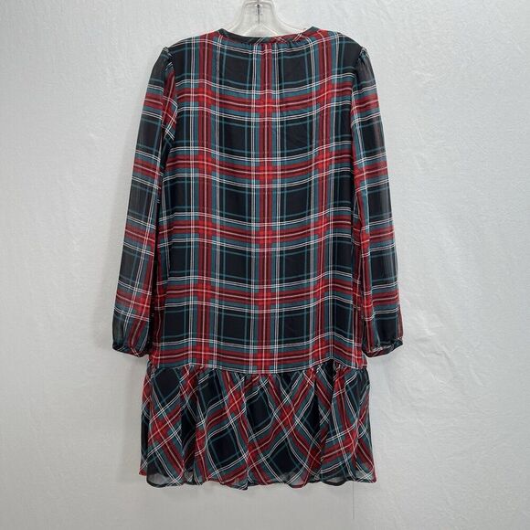 Draper James Small Plaid Long Sleeve Flounce Ruffle Hem Shift Dress Tie Neck - Picture 9 of 12